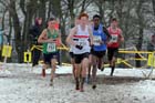 721 Toby Loveridge (Liverpool Pembroke) leads 766 Weynay Ghebresilasie (Sunderland Harriers), 751 Charlie Hulson and tucked behind Callum Johnson during the junior mens Northern Cross Country Championships, Knowsley Safari Park.